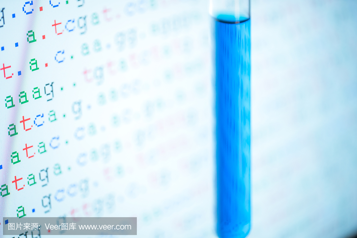 试管,蓝色溶液,背景是DNA序列